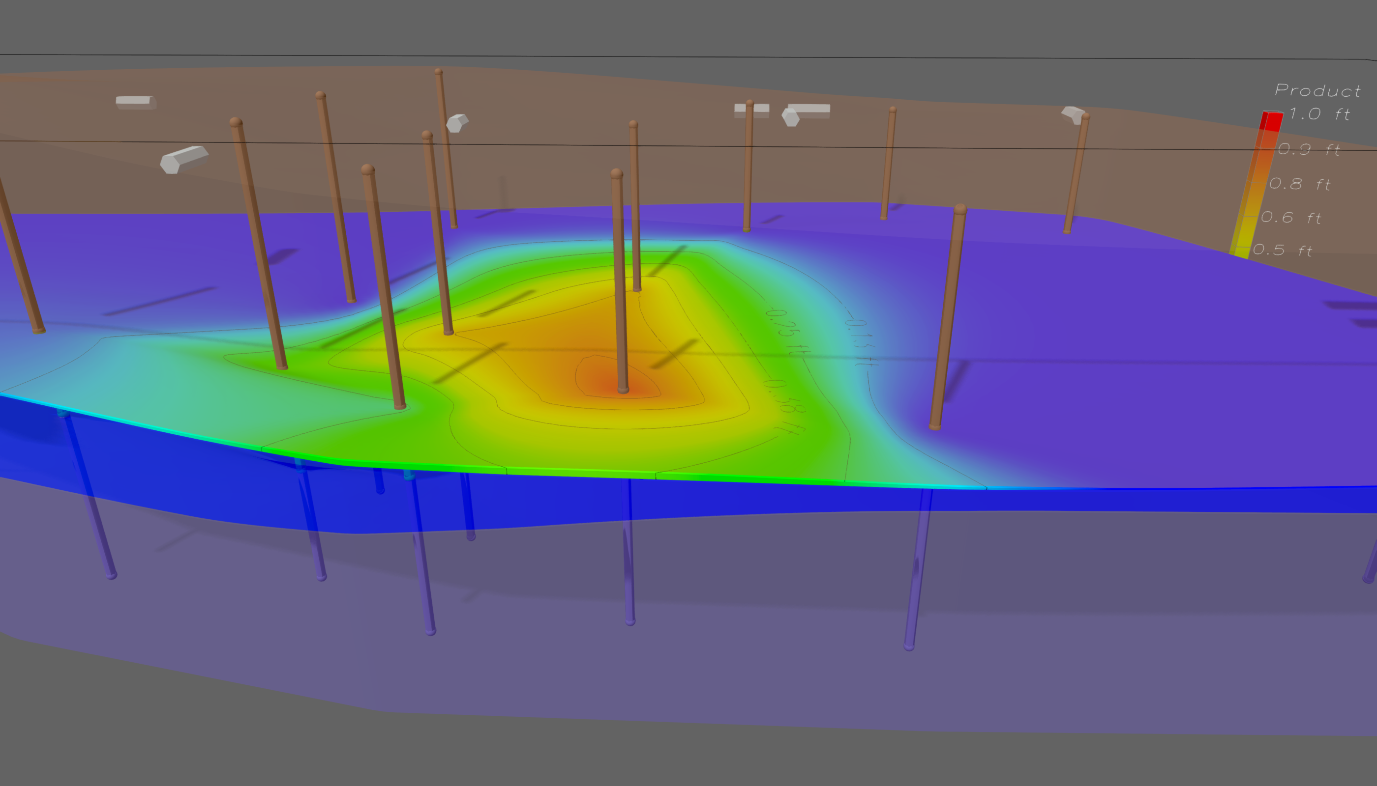 3D Model displaying NAPL thickness above the water table creating using Earth Volumetric Studio for 3D visualization